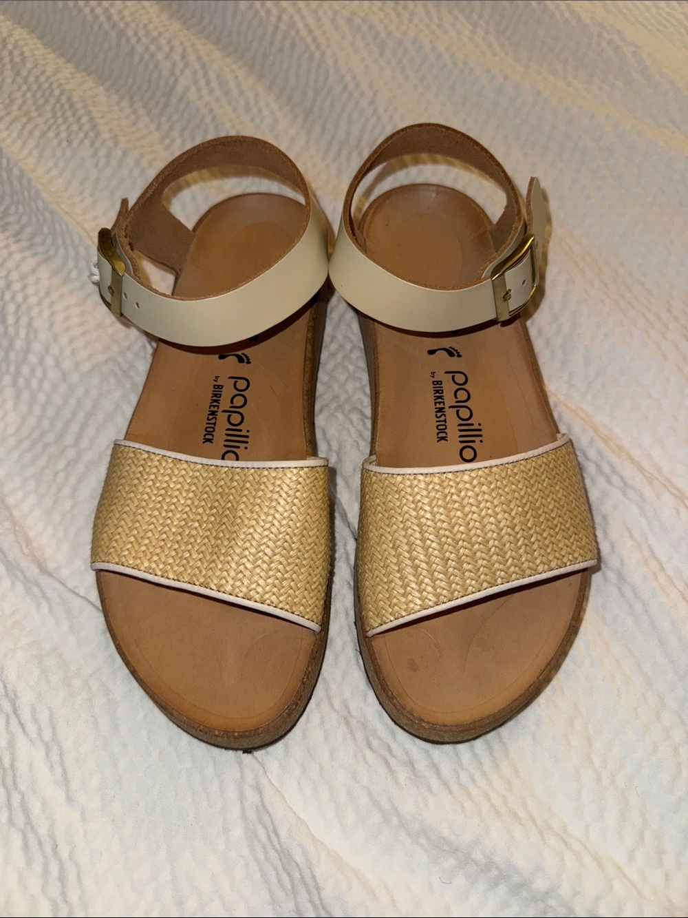 Birkenstock Papillio Raffia Two-Strap Sandals in Cream and Natural